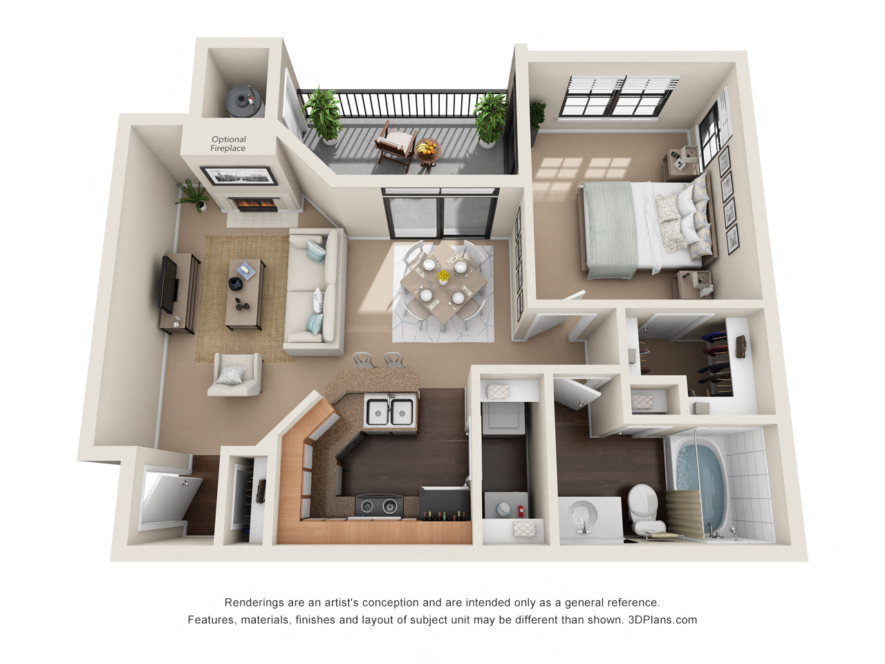 Floor plan for 1 bed, 1 bath, 736 sqft